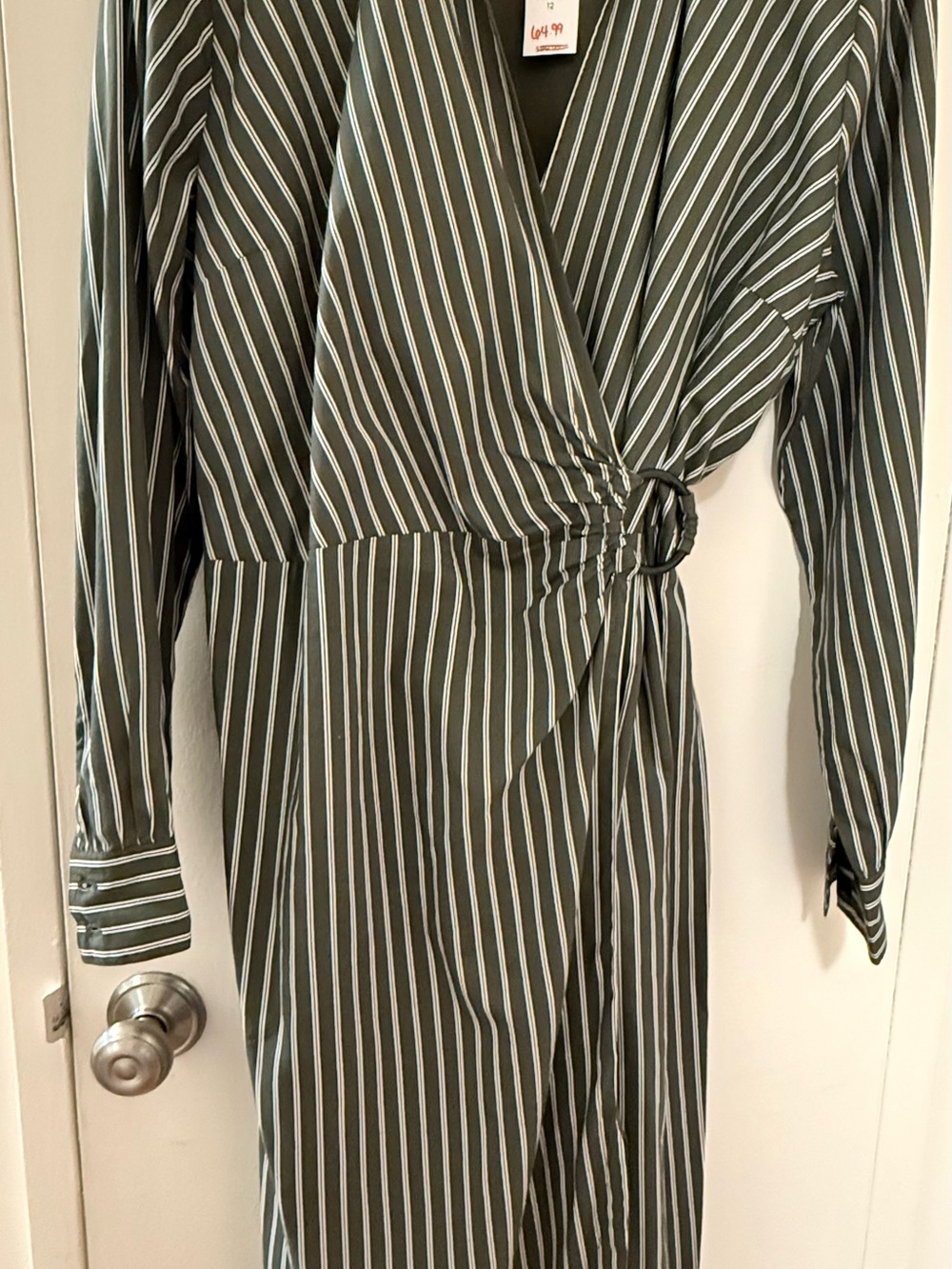 LOFT Olive Green and White Striped Long Sleeve Wrap Dress -NWT